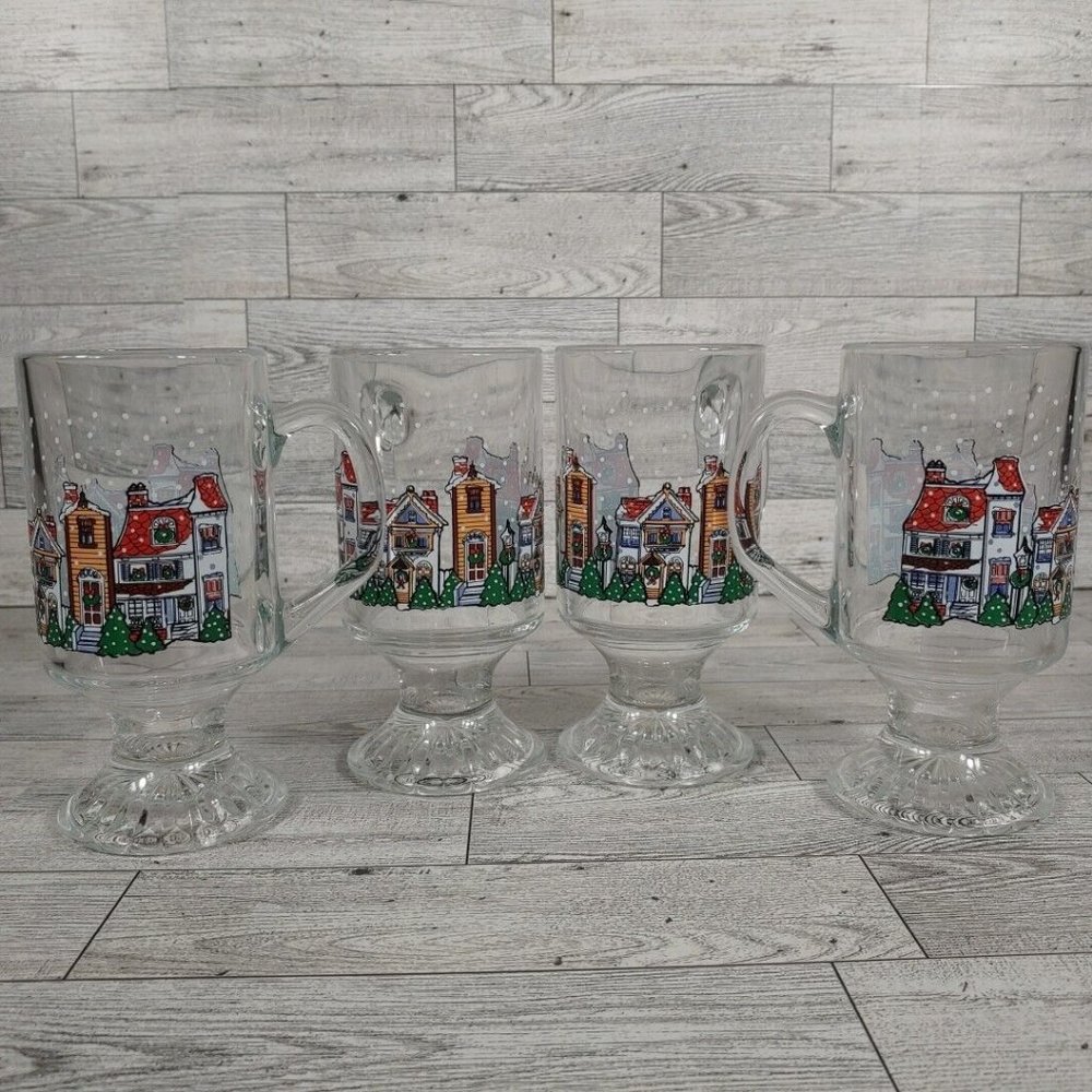 4 Vintage Arcoroc Pedestal Mugs Christmas Village 5.5" Glasses Cups AOW16